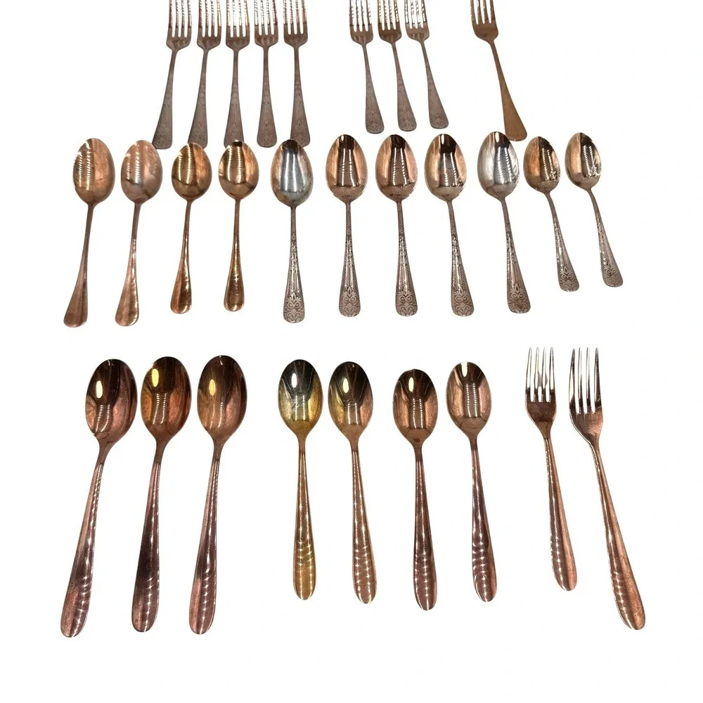 Mismatched Flatware Set‎ 31pc Copper Rose Gold Mixed Patterns